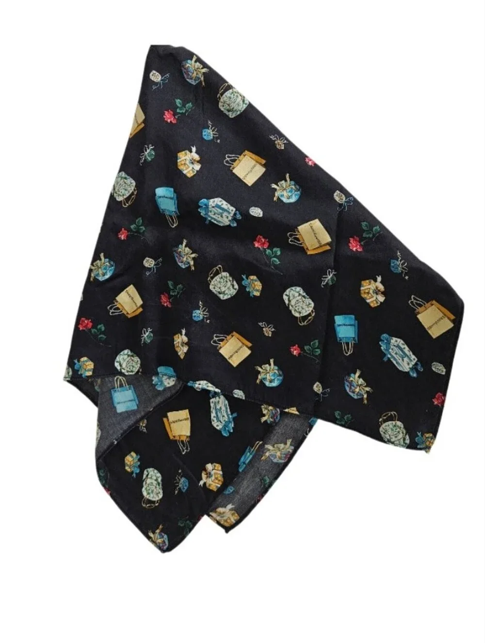 Bloomingdale's Silk Black Printed Silk Scarf with Floral and Bag Motif